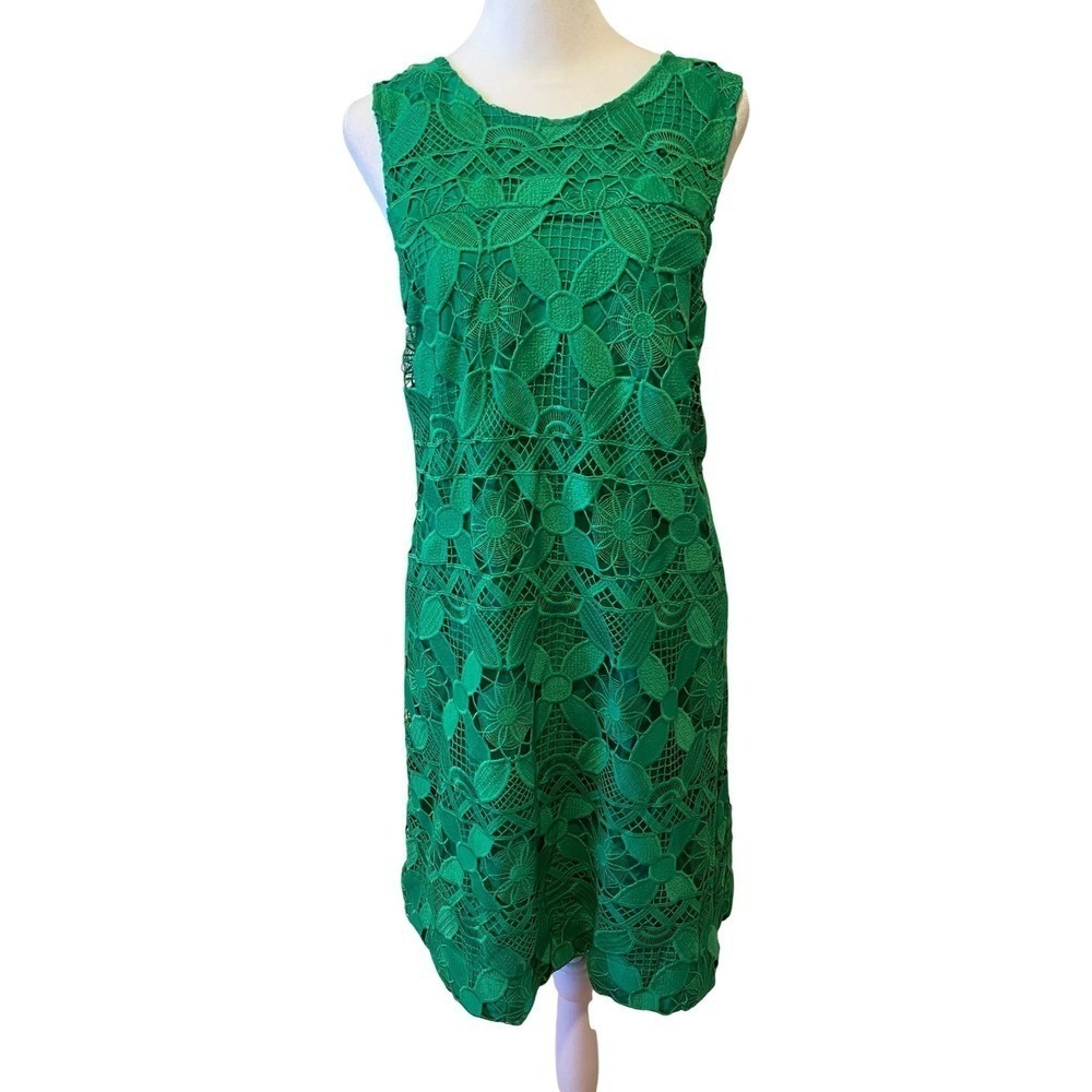 Anthropologie Shift Dress Sz L Kelly Green Lace V-Back Spring Garden‎ Party NWT